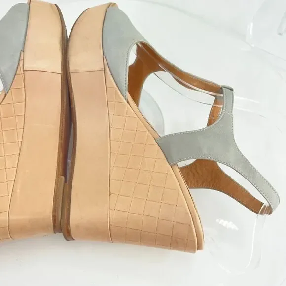 Pomme D'or Sandals Women's Size 39 8 Blue Gray Leather T-Strap Platform Wedge - Picture 16 of 16